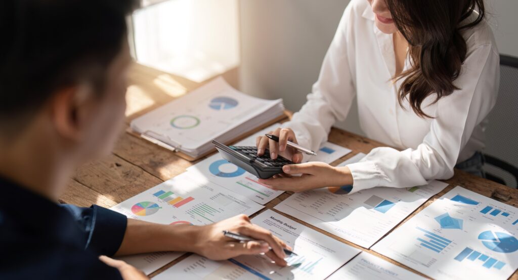 Bookkeepers team or financial inspectors making report, calculating and checking balance. Tax
